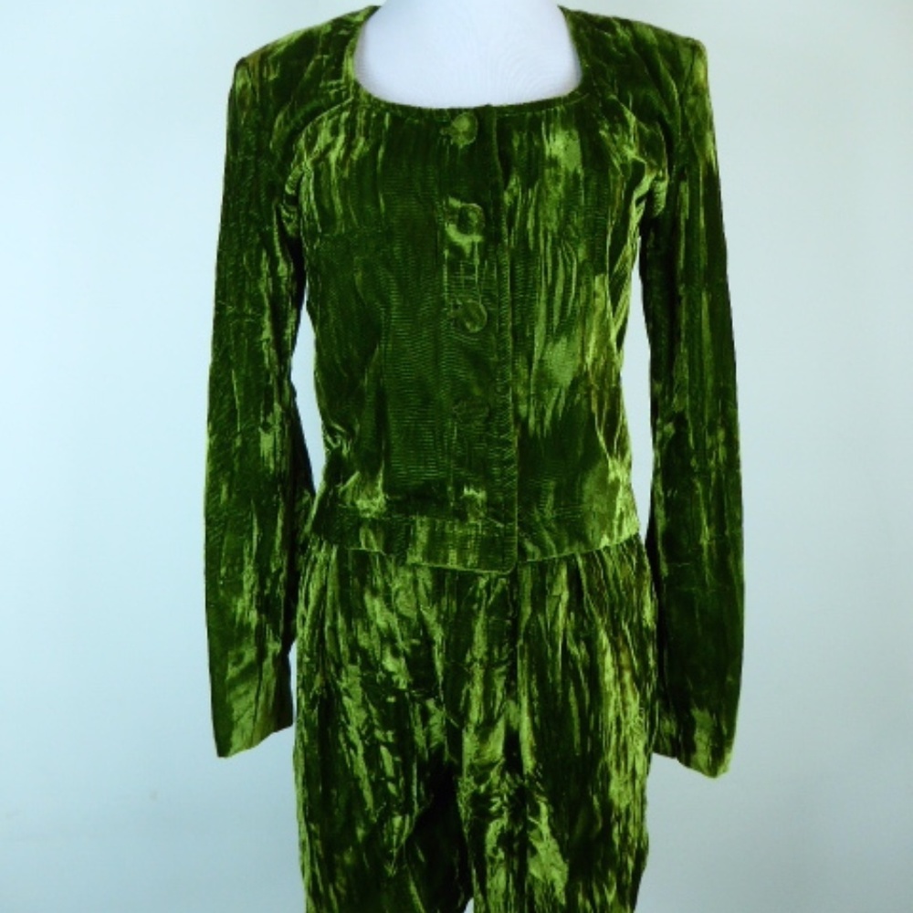 VINTAGE BETSEY JOHNSON Punk green VELVET JACKET SHORT Set ensemble 80s 2 4 - Picture 3 of 11